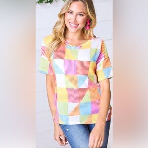 EUC Multicolor Geometric Textured Knit Top. Small.